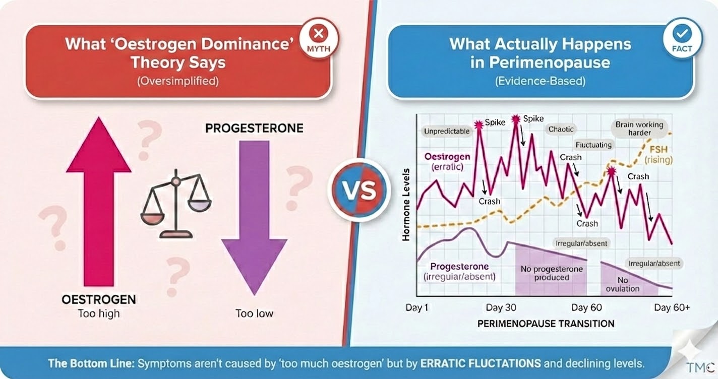 The simplified "oestrogen dominance" theory (left) versus the complex hormonal reality of perimenopause (right). Medical evidence shows erratic fluctuations, not consistently high oestrogen.